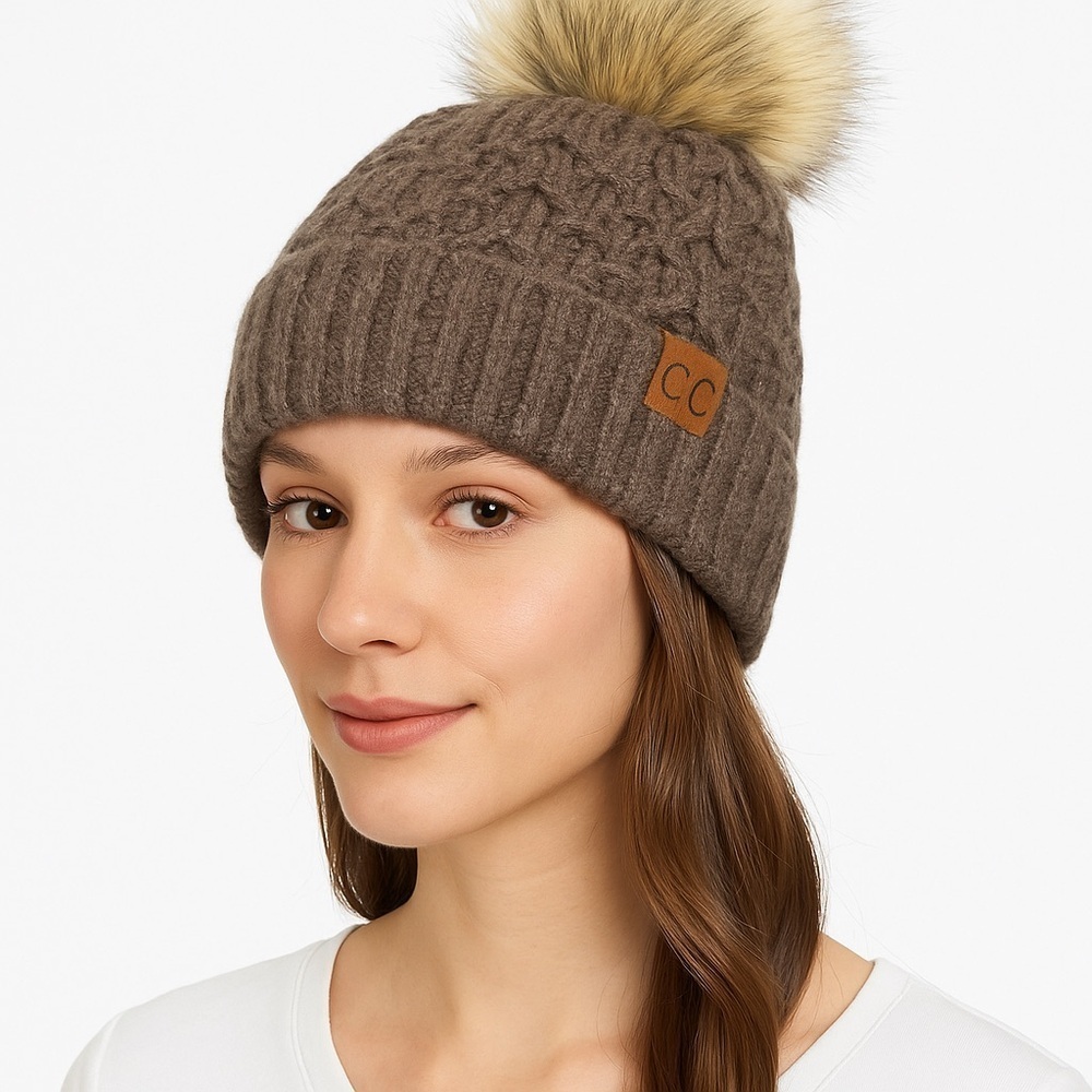 C.C Brown Knit Beanie with Faux Fur Pom